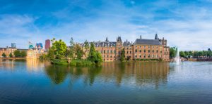 The Hofvijver Pond (Court Pond) with the Binnenhof complex in The Hague, Netherlands